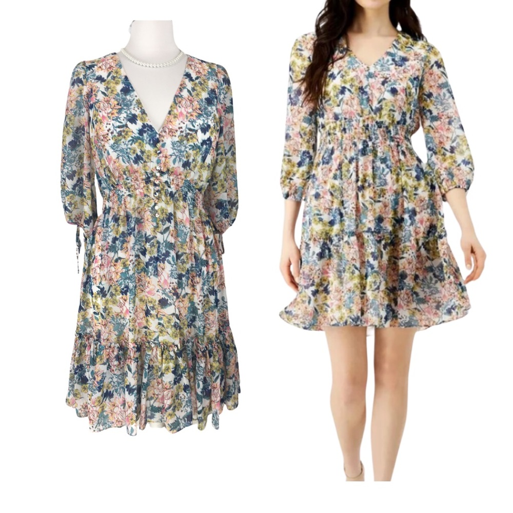 Taylor Ruffled Floral Print Chiffon Smocked A Line V-neck Dress size 8